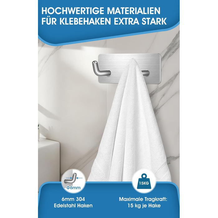 Набір гачків для рушників без свердління, 10 шт., самоклеючі гачки з нержавіючої сталі 304, надміцні клейкі гачки для великих предметів, гачки для стін без свердління для ванної, туалету та кухні, стійкі до корозії, гачки для рушників (подвійні *6)