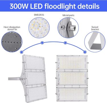 Bellanny LED Floodlight 300W 30000LM Spotlight, 6500K Cool White Light Floodlights - IP65 Waterproof Floodlight, Outdoor Wall Lights for Garden, Terrace, Garage, Sports Field, Factory, Workshop