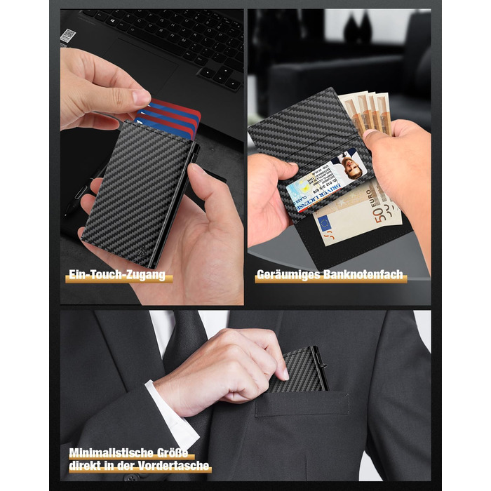 Чоловіче картхолдер/портмоне: тонкий дизайн, RFID захист, відділення для монет, віконце для ID, карбоновий чорний колір
