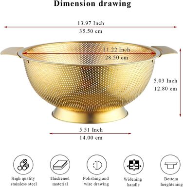 Ситечко Kyraton Gold Colander 5 Quart: професійне нержавіюче сито з покриттям з титану та золота, міцні ручки та основа для самостійного зливу, легко миється, підходить для миття в посудомийній машині