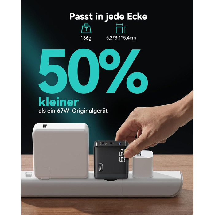 Зарядний пристрій INIU 65W USB-C/USB-A GaN, швидка зарядка для MacBook, iPad, iPhone, Samsung Galaxy, Pixel - Чорний