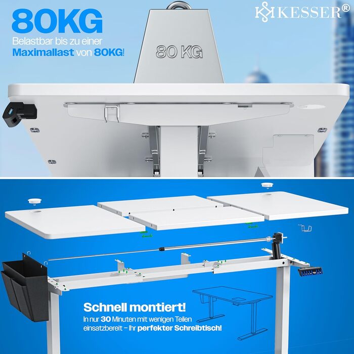 Електричний регульований стіл KESSER 160x70 см з USB, пам'яттю, роликами, для дому та офісу