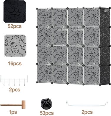 DIY Closet Shelf System with 16 Cubes, Wardrobe, Open Closet, Plastic Wardrobe with Doors, Wardrobe Cabinet, Black, 180 x 142 x 37CM (Black 16 Cubes with Clothes Hooks)