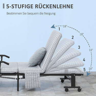 HOMCOM Folding Bed Guest Bed with Wheels and 5-Position Adjustable Backrest, Travel Bed with Steel Frame in Light Grey and Black, 190x76x33cm