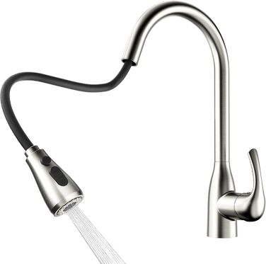 Кухонний змішувач Rainsworth з висувною лійкою та душем, високопродуктивний, з двома типами струменя, поворотний на 360°, з нержавіючої сталі, проста установка, висота 56 см