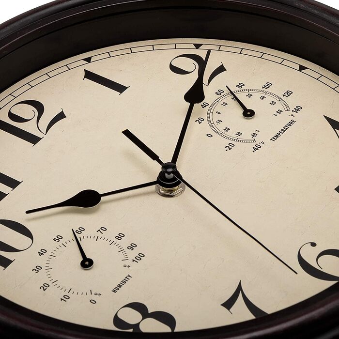 Foxtop Funk Wall Clock, Indoor Outdoor Weatherproof Wall Clock with Temperature Display and Hygrometer, No Ticking Sound Silent Retro Clock for Terrace Bathroom Kitchen Living Room Home Decor (Bronze, 30cm) (Bronze)