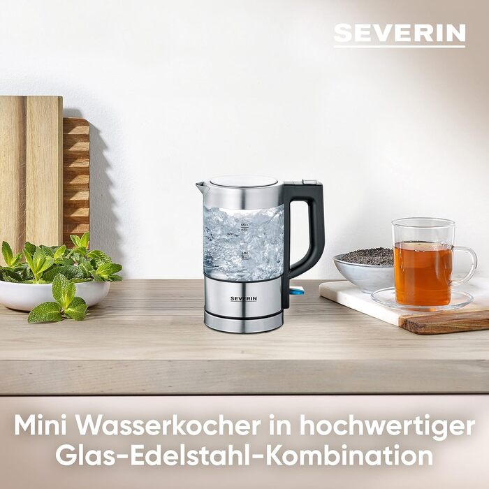 SEVERIN Mini Glass Kettle 0.5 L, powerful and compact with a high-quality design, electric kettle with scale filter, stainless steel/black, WK 3472