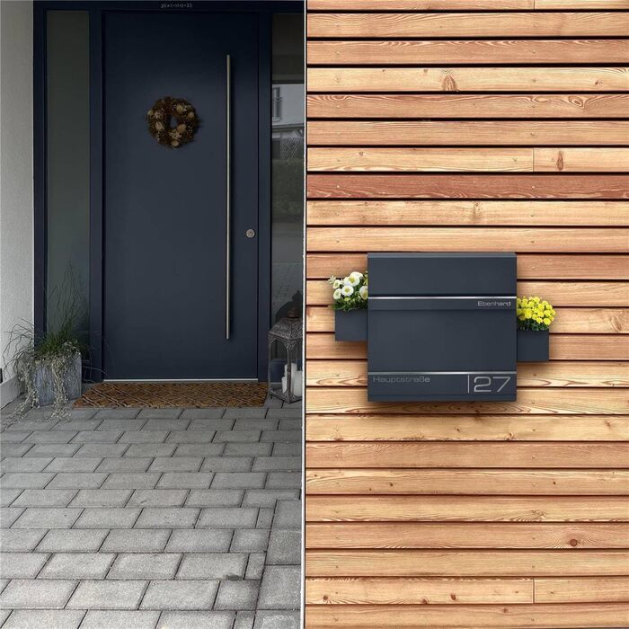 Поштова скринька Metzler Hermann Anthrazit RAL 7016 з газетницею та номерним знаком – персоналізована лазерним гравіюванням. Сучасна водонепроникна та антикорозійна поштова скринька