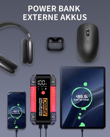 Портативний пусковий блок StarThilfe Powerbank для автомобіля, 6000A, 12V, для бензинових та дизельних двигунів до 10L, з LED ліхтариком