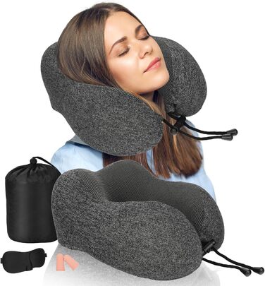 Подушка для шиї з Memory Foam, підтримка голови, набір для подорожей: маска для сну, навушники, чохол, м'яка подушка для сну в авто, літаку, офісі та вдома (Сірий)