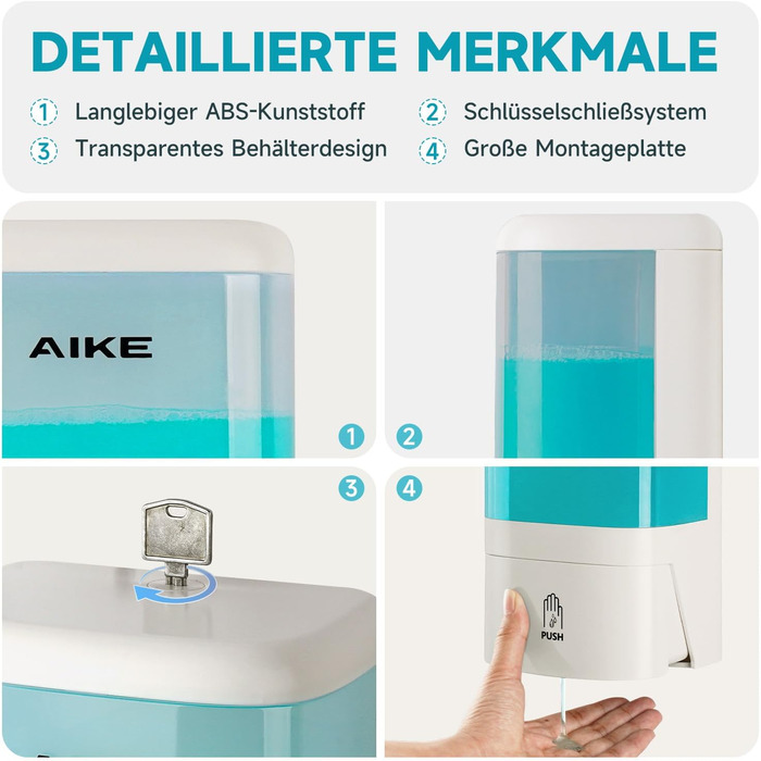 Дозатор мила рідкого AIKE для офісу, промислових приміщень та ванної кімнати, 1200 мл, настінний, з замком, прозорий індикатор