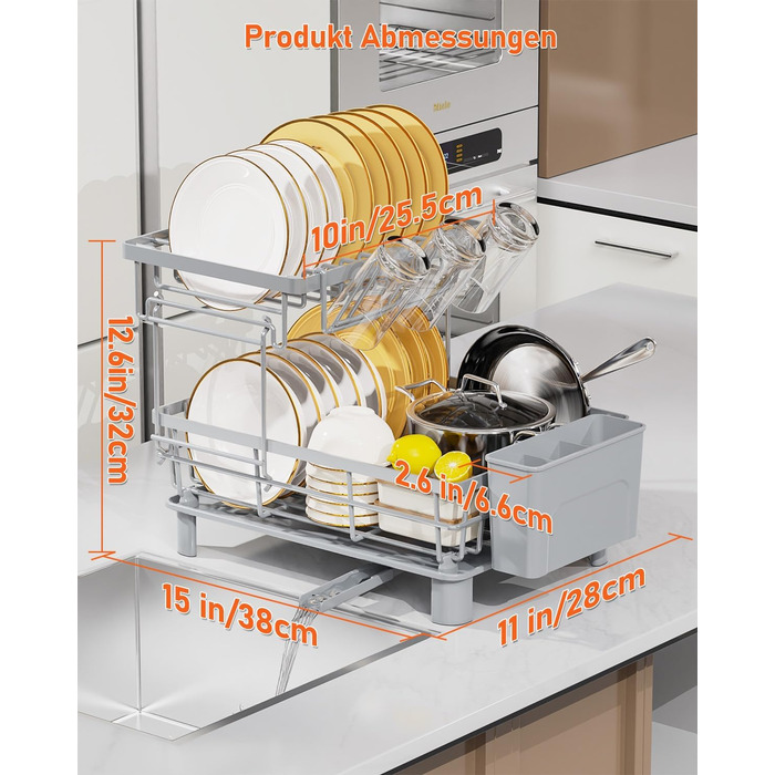 LIONONLY Dish Drying Rack, Small 2-Tier Dish Rack with Drip Tray, Stainless Steel Dish Drying Rack with Utensil Holder, Drink Holder and Swivel Spout, Dish Drying Stand Kitchen