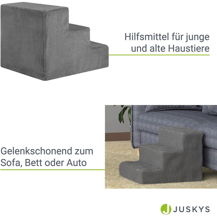 Juskys Pet Stairs Dog Stairs 36 cm - 3-Step Stairs, Washable Plush Cover - Cat Stairs Dog Ramp for Bed, Sofa, Couch and Car - Cover Grey