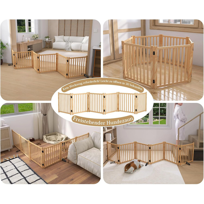 Дверцята для собак з дерева, розкладні, для кухні, коридору, вітальні, сходи. Захисний бар'єр для маленьких та середніх собак, дерев'яного кольору, 2P 58 см.