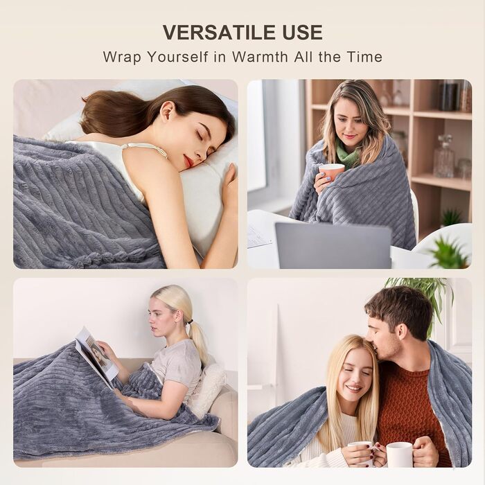 Електрична ковдра Nalome з автовимкненням 160*130 см, 9 температурних режимів, таймер 12 годин, захист від перегріву, пральна машина, фланцель, сіра