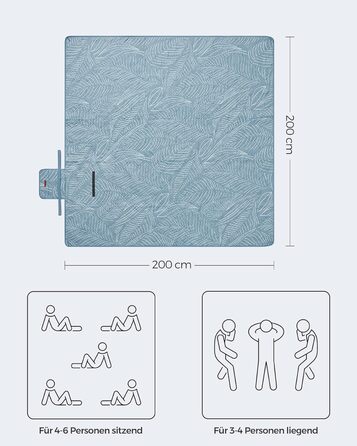 Пікнікова ковдра SONGMICS 200x200 см з 4 кілочками, велика водонепроникна складна ковдра для кемпінгу, парку, саду, пляжу, машинне прання, світло-блакитна з тропічним візерунком