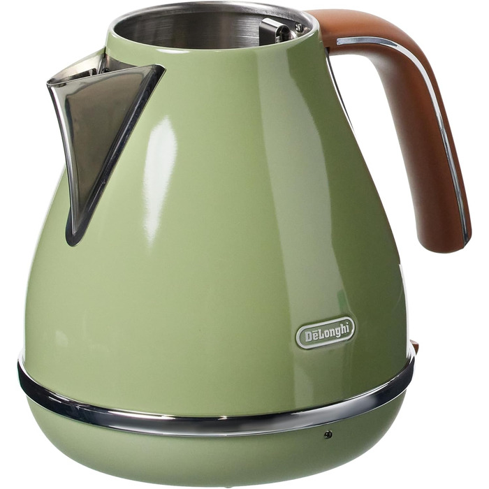 De'Longhi Icona Vintage KBOV2001.GR Kettle - 1.7 l with water level indicator and 360° base, Stainless steel in an elegant retro look with chrome details, 2000 W, 23.01 x 23.01 x 26.49 cm, Olive Olive Single