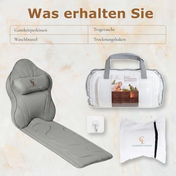 Подушка для ванни повного тіла 126x41см з підголовником - килимок для ванни з підтримкою шиї, спини та ніг. Біла (антрацит). З мішком для прання та гачком для сушки.