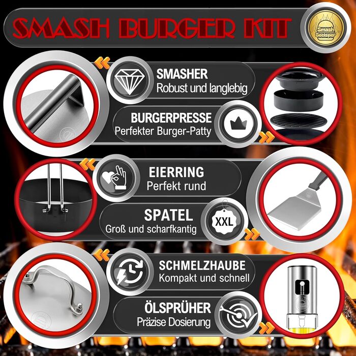 Набір для Smash Burger з нержавіючої сталі BECISPER: професійний комплект гриль-аксесуарів з пресом, кришкою для плавлення сиру, лопаткою, олійним розпилювачем, кільцем для яєць і рецептурною книгою – повний набір для ідеальних бургерів