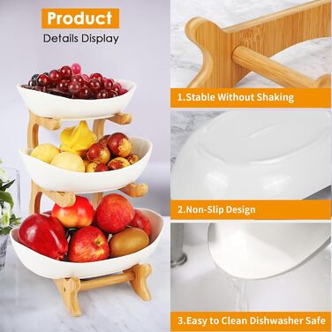 Керамічна етажерка для фруктів Diealles з 3 ярусами, бамбуковий підставник, для сім'ї, стабільна, сумісна з овочами та снеками