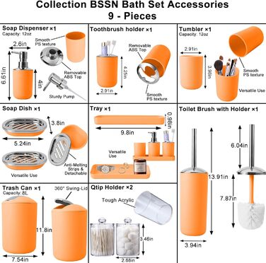 9-Piece Bathroom Accessory Set – Trash Can, Soap Dispenser Set, Soap Dish, Toilet Brush with Holder, Toothbrush Holder, Cup, Tray, Cotton Swab Holder, (Silver and Orange)