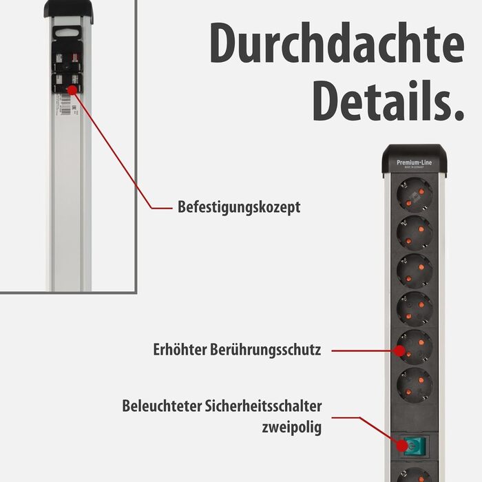 Бренненштуль Преміум-Алю-Лайт Розподільник розеток 12-фазний з алюмінію (багаторозетова панель з 2 вимикачами та 3м кабелем, Made in Germany), Нова версія Single