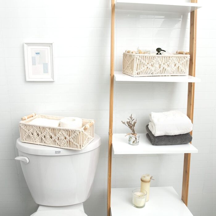 Macrame Hand Storage Baskets Decorative Box Handmade Woven Desktop Vanity Organizer Shelf Closet Organizer, Boho, for Bedroom, Kids' Room, Living Room, Set of 2, Ivory