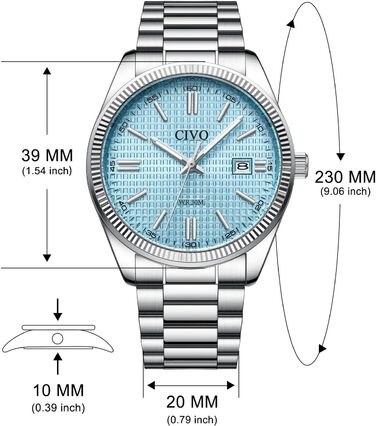 Чоловічий годинник CIVO з нержавіючої сталі: аналоговий годинник для бізнесу з датою, що світиться - водонепроникний для роботи та відпочинку. Стильний подарунок для чоловіків (сріблястий, синій)