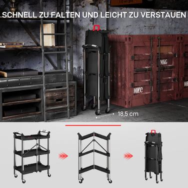 HOMCOM 3-Tier Rolling Tool Cart, Folding Tool Wagon with Handle, Assembly Cart Workshop Cart for Warehouse, Garage, Load Capacity up to 68 kg, Black | Aosom