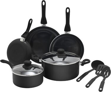 Набір кухонного посуду GreenLife Essentials 10 предметів: здорові антипригарні сковороди та каструлі з керамічним покриттям, без PFAS та PFOA, придатний для миття в посудомийній машині, рівномірний нагрів, чорний