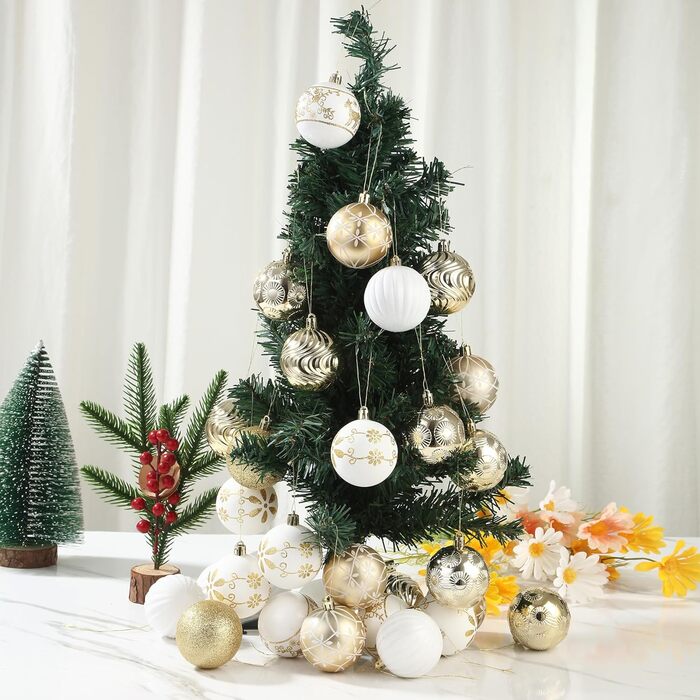34 штуки новорічних кулі, прикраси для ялинки з пластику, новорічні прикраси з ключ-стрічкою, набір з малюнком оленя, кульки для прикраси ялинки (біле золото)