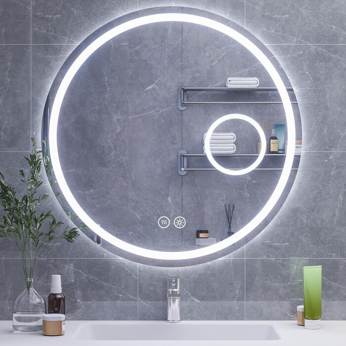 Дзеркало для ванної кімнати HySail з підсвічуванням, 5 мм, висока роздільна здатність, срібне покриття, 3 колірні температури та регульована яскравість, настінне дзеркало з сенсорним вимикачем та антизапарюючим покриттям, кругле (3 кольори + регулювання +
