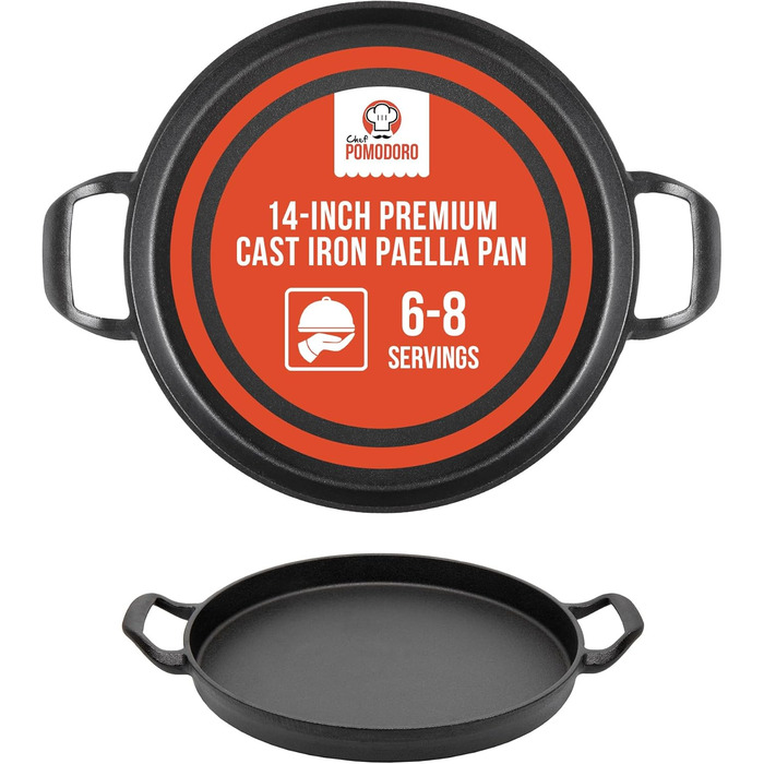 Chef Pomodoro Cast Iron Grill Pan – Cast Iron Grill Pan for Stove, Grill, Oven & Campfire – Cast Iron Pan - Pizza Pan Baking Sheet Round - Gas Grill Griddle - Cast Iron Pan for Gas Grill (36 cm Paella Pan)