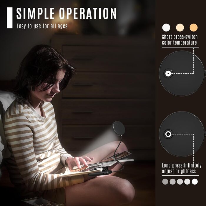 Ліхтарик для читання LQWELL на шию, LED, 3 кольори/яскравості, гнучкий, акумуляторний, для читання, рукоділля (чорний, комплект 3 шт)