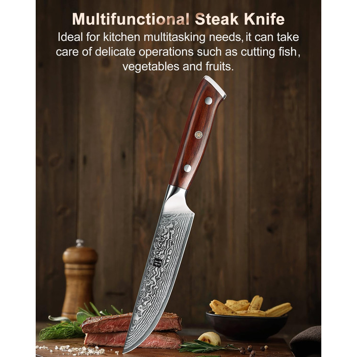 XINZUO Damascus Chef's Knife Set - 67 Layer High Carbon Steel, Professional Gyuto Knife with Rosewood Handle (5-Piece Steak Knife Set)