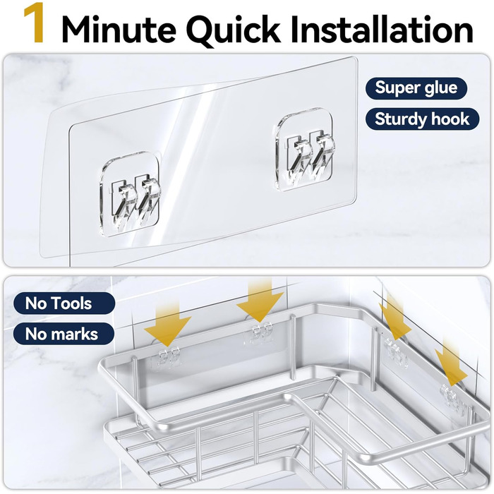 Органайзер для душу YASONIC (5 шт.), самоклеючий, нержавіюча сталь, полиці для ванної кімнати з мильничкою та 4 гачками, велика місткість, сріблястого кольору