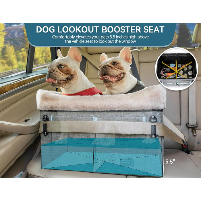 Автокрісло для собак Petsfit - сіре та зелене (M) з ременями безпеки та кишенею для зберігання