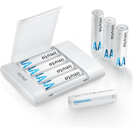 Imuto Акумулятори Li-Ion AA 2500mAh, 8 шт. з зарядним пристроєм, 1.5V, 1600+ циклів, низький саморозряд, 4CH8AA-2500DE