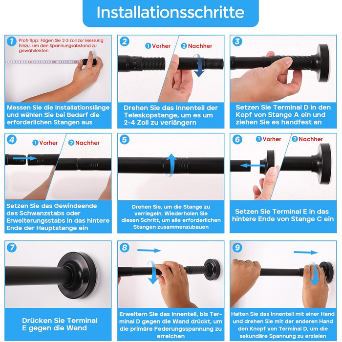 Штанга для штор без свердління AIZESI 100-230 см Ø 25 мм, телескопічна, для кріплення - регульована штанга для вікна, душу, балкону (чорний, 81-158 см)