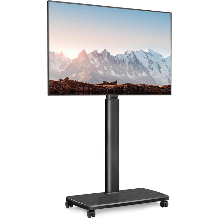 FITUEYES Rolling TV Stand with Wood Shelf - Adjustable Height & Swivel - Fits 32-70 inch TVs (up to 40kg, VESA 400x600) - Black