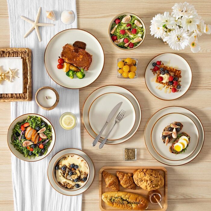 Набір посуду на 6 осіб Vancasso RENO 24 шт. з каменю, сучасний сервіз: тарілки для їжі, супу, десерту, миски. Підходить для миття в посудомийній машині та для використання в мікрохвильовій печі (Бежевий)