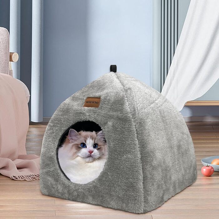 Кішка-будиночок для дому: затишна печера з м'яким, пральним подушками. Зручне, складне ліжко-будиночок для котів, 40x40x35 см (L:45x45x41 см, сірий)