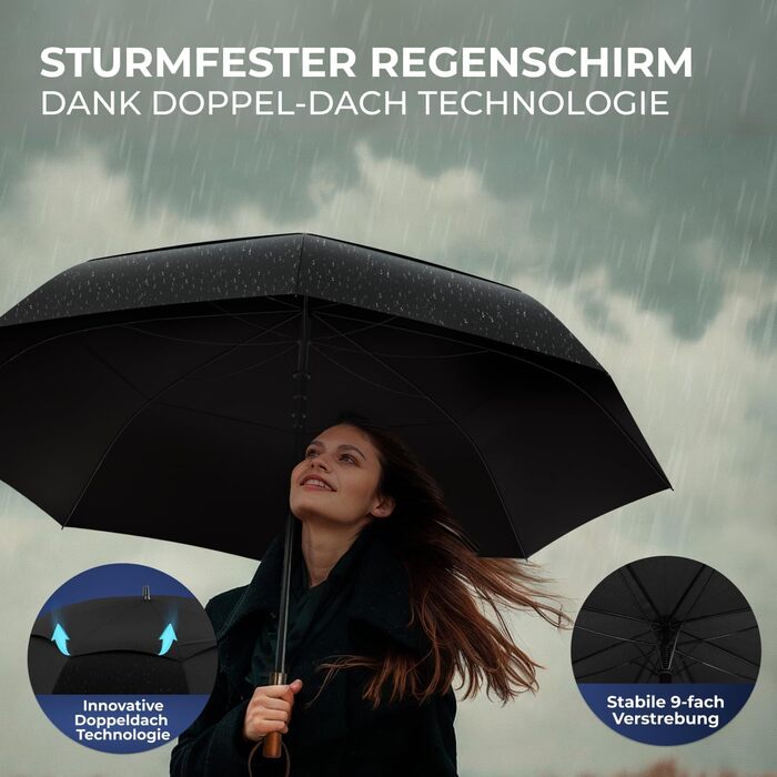 Logan & Barnes Stormproof Umbrella - 120cm Diameter with Real Wood Handle - XXL Double Person Umbrella - Large Rain Umbrella - Chicago Model (Black)