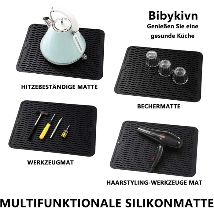 Силиконова підставка для посуду - 50 x 40 см. Без BPA, стійка до нагріву, не слизька. Підставка для сушіння посуду, чорна.