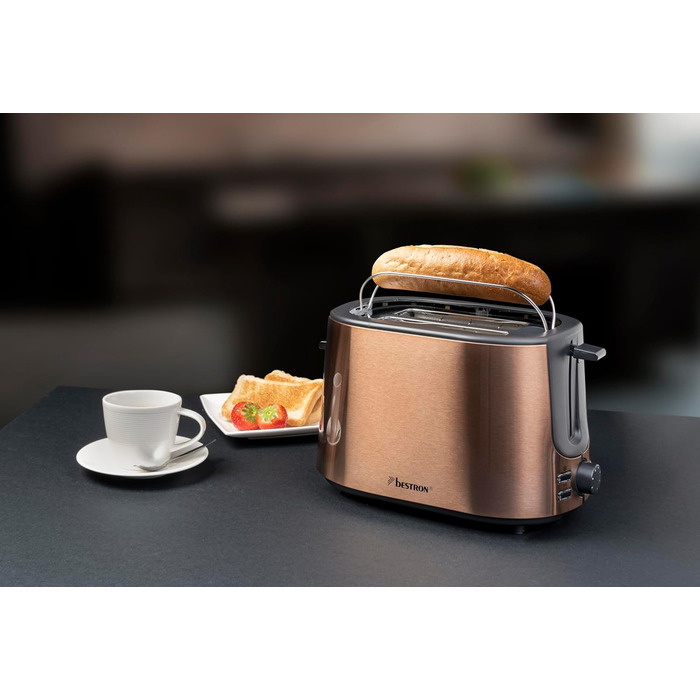 Тостер Bestron Satin Collection з 2 відсіками, 7 рівнів підсмажування, піддон для крихт та насадка для тостів, 1000 Вт, колір: мідний