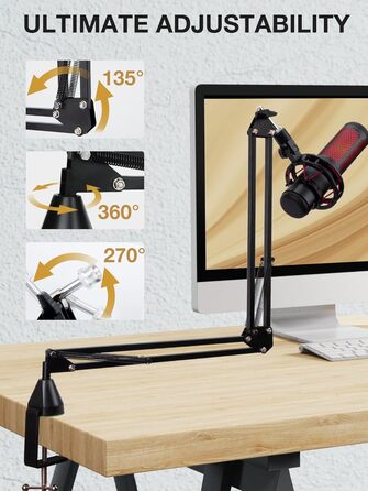 SUNMON Тримач для мікрофону HyperX QuadCast та інших - регульований кріплення для мікрофону з кабелеутримувачем, адаптер 3/8' - 5/8' для Blue Yeti, Fifine, Seiren