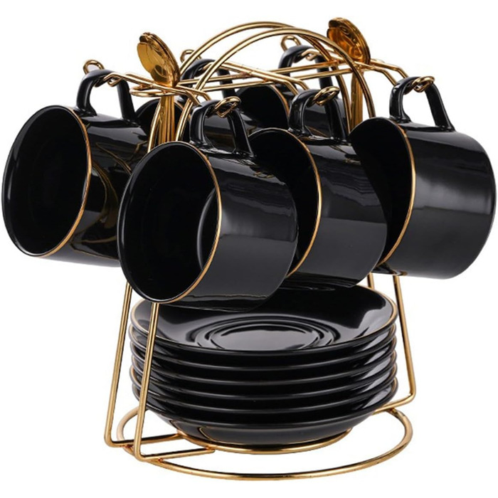 Набір чашок капучино з блюдцями (6 шт., 150 мл) з золотим декором, порцелянові чашки з ручкою, британський королівський фарфор (білий) з чорним глянцем