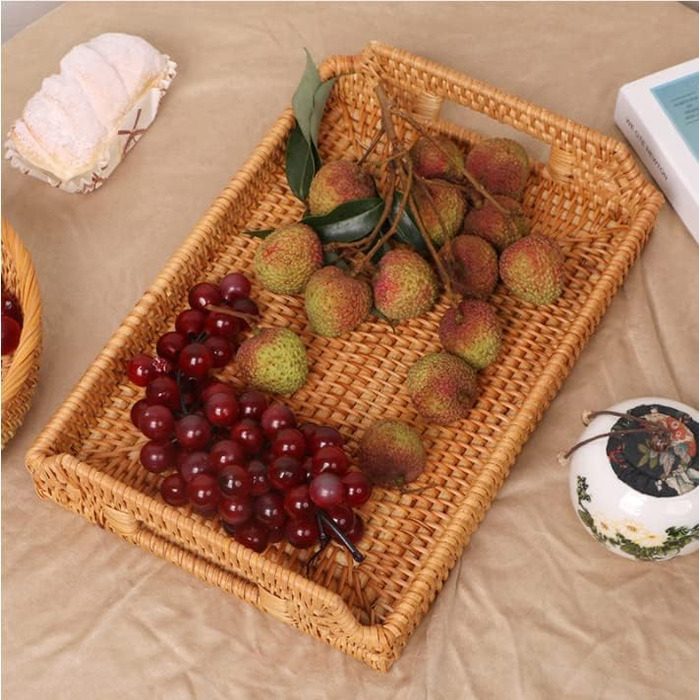 Rattan Serving Tray with Handles, Rectangular Tray from Rattan for Breakfast, Drinks, Snacks for Eating/Coffee Table (43 cm)