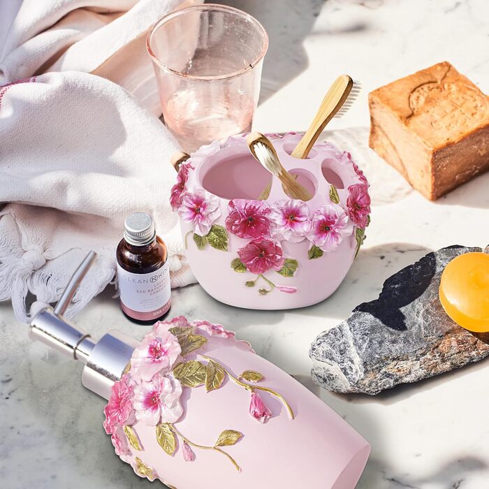 LUANT Bathroom Accessories Set, 5-Piece Bathroom Gift Set with Soap Dispenser, Pump, Toothbrush Holder, Cup, and Soap Dish, Durable Bathroom Set Decoration Ideas (Light Pink Color)