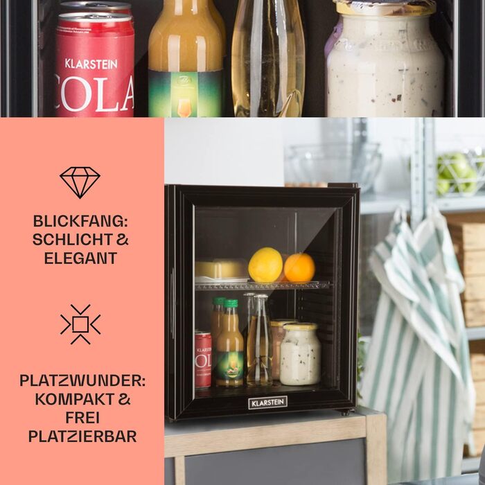 Klarstein 24L Mini Fridge - Compact Refrigerator for Drinks, Snacks & Skincare - Quiet Operation, Adjustable Shelves - Black